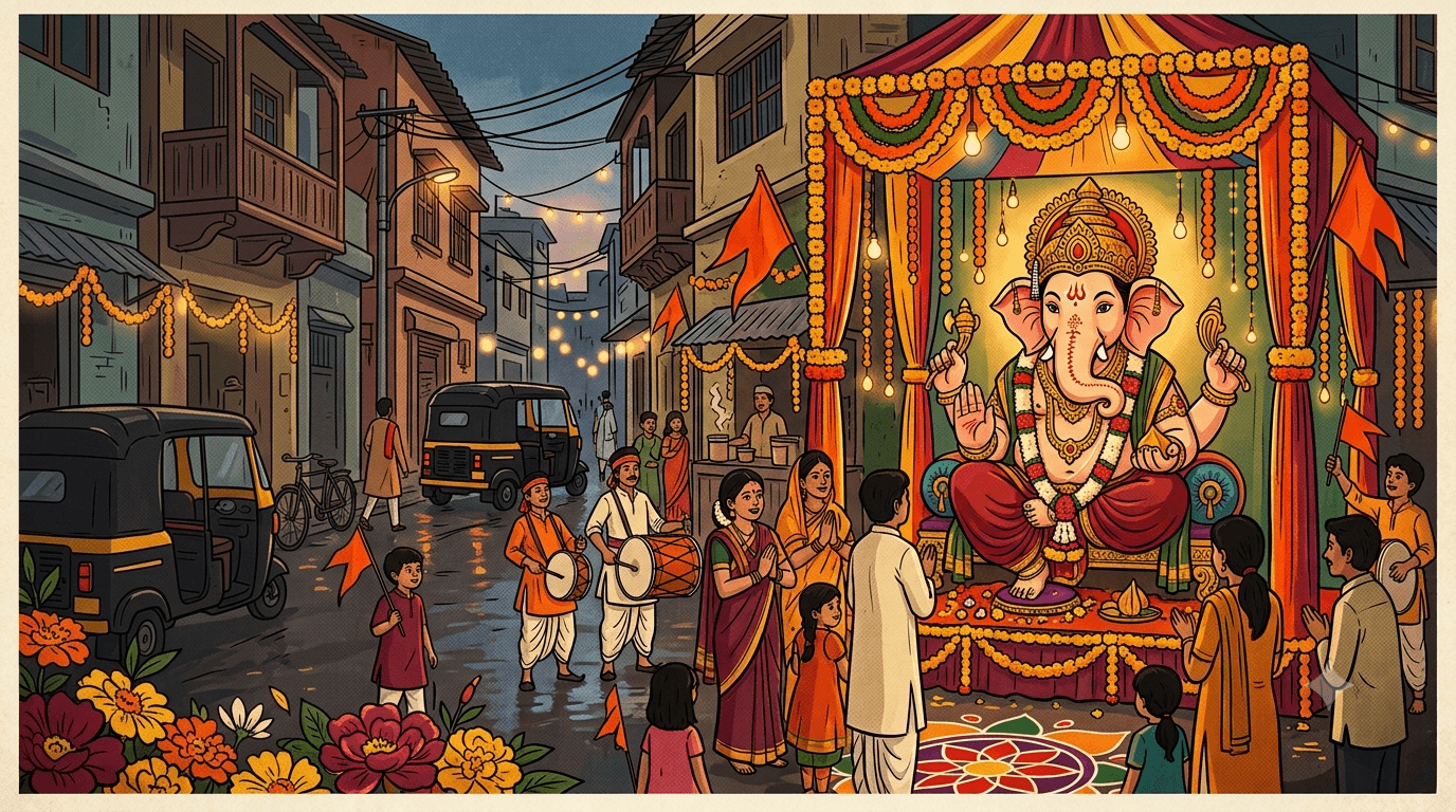 Ganpati idol decorated for Ganesh Chaturthi in a Mumbai street, horizontal artwork