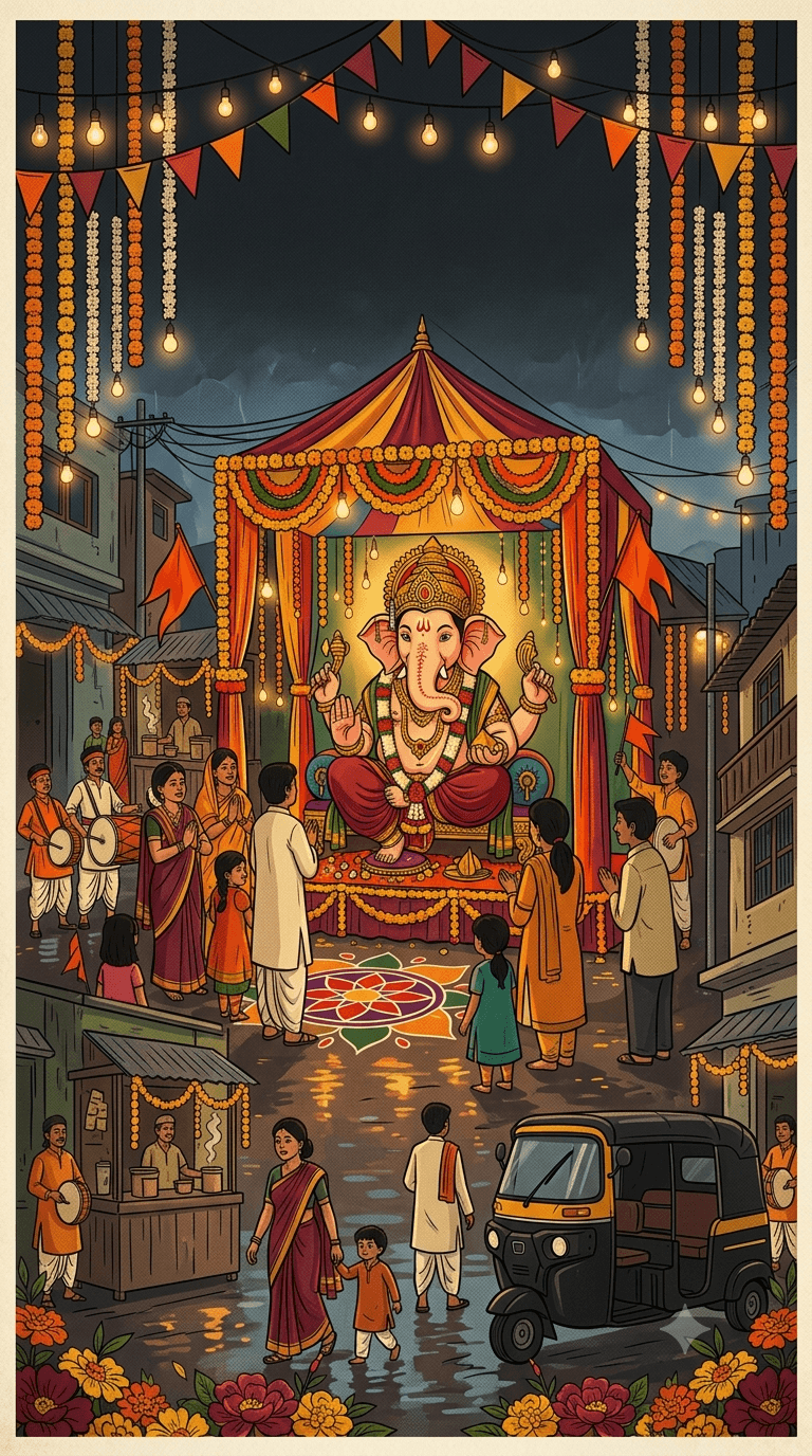Ganpati idol decorated for Ganesh Chaturthi, vertical portrait artwork