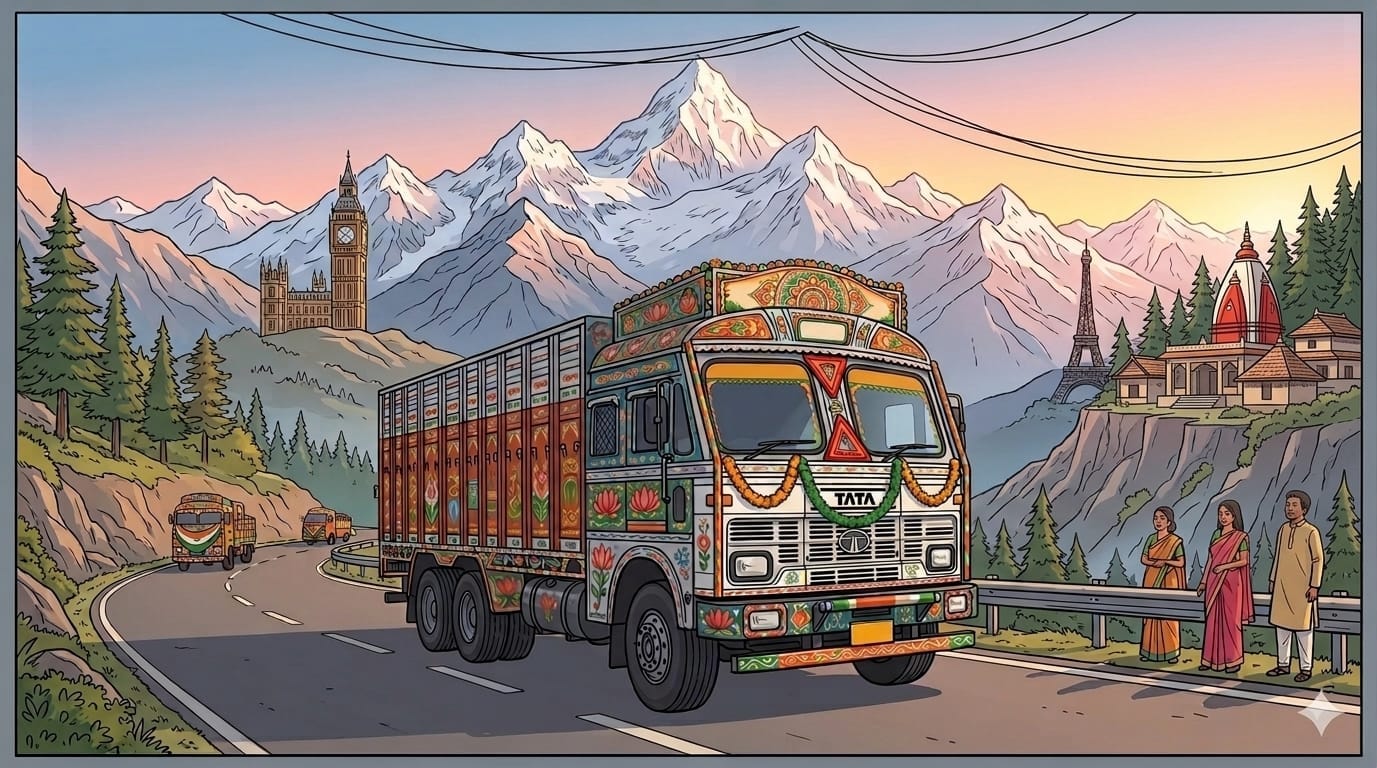 Vintage black and yellow Indian truck on a highway at dusk, representing the Truck Wala retro music experience