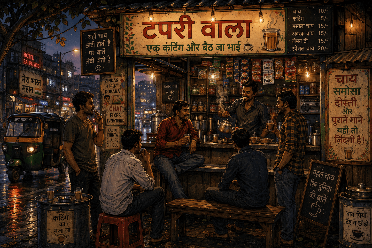 Steaming glasses of cutting chai on a wooden tapri counter with a hanging bulb, representing the Tapri Wala nostalgic chai tapri experience