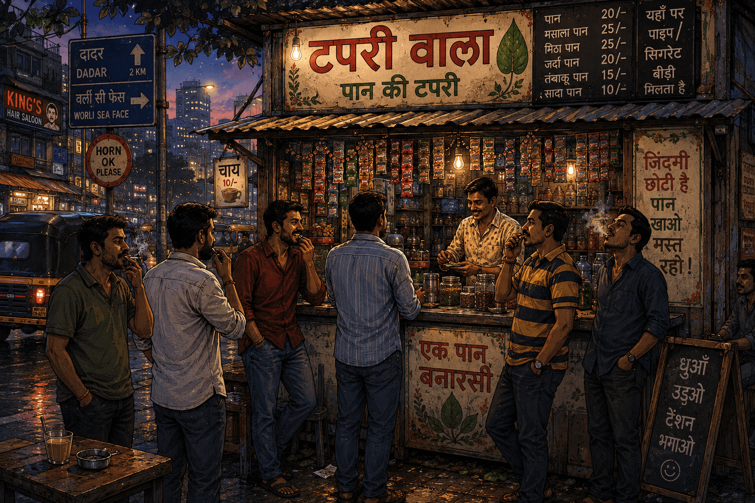 Paan Patti Wala sitting at his roadside paan stall with a neat row of paan leaves, the green heart of every Indian corner tapri