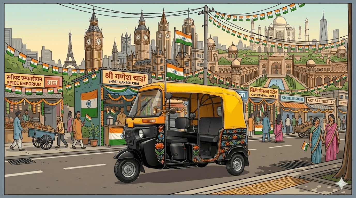 Black and yellow Indian auto-rickshaw representing the Rickshaw Wala retro music experience